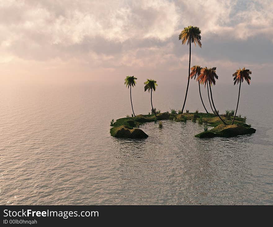 Sunset coconut palm trees on small island - 3d illustration.