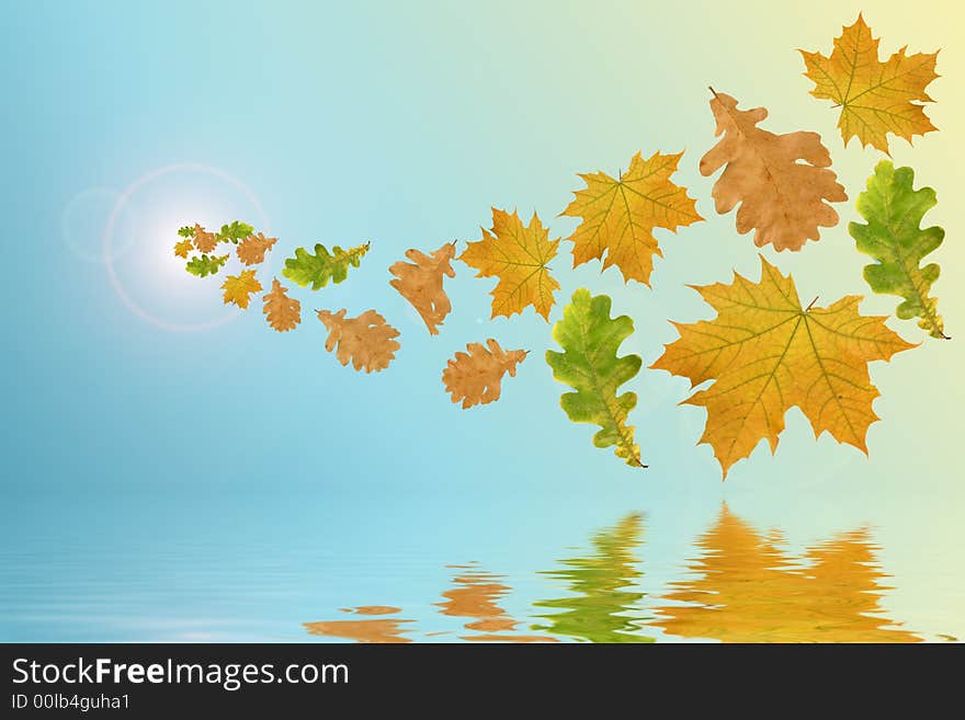 Flying multi-coloured leaves on a blue background and their reflection in water.