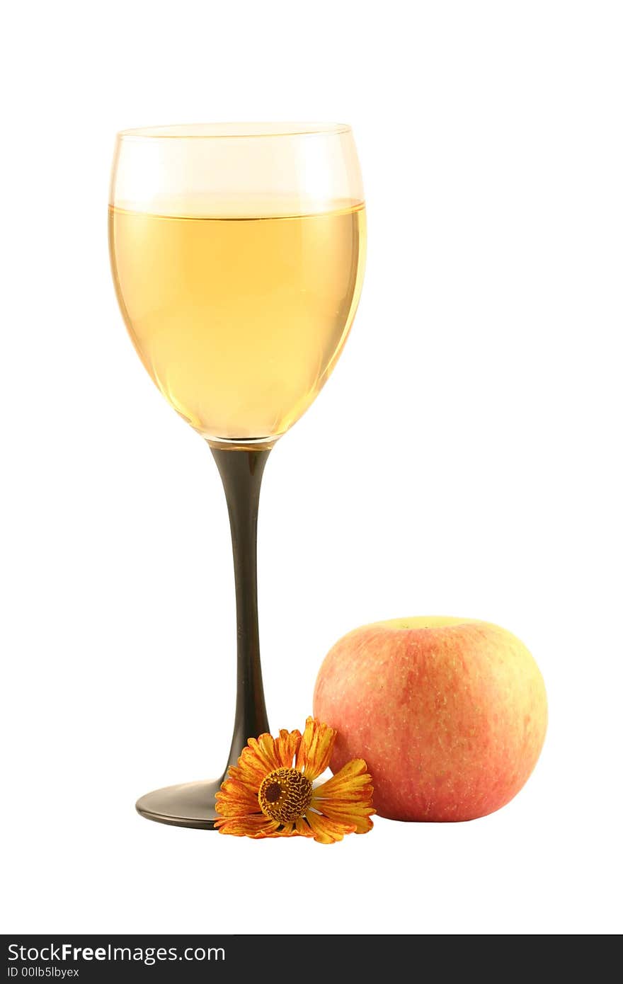 Glass of white wine and an apple isolated on white. Glass of white wine and an apple isolated on white