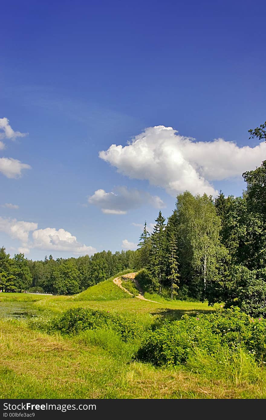 Landscape with blue sky, clouds, forest and lake. Landscape with blue sky, clouds, forest and lake