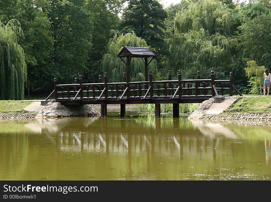 Wooden bridge above a lake