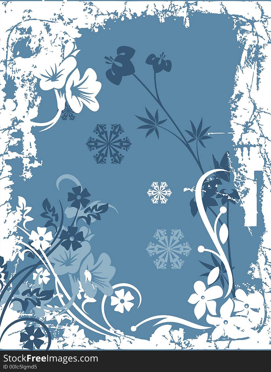 Winter holiday background with snowflakes, floral, and grunge details. Vector illustration in blue and white colors. Winter holiday background with snowflakes, floral, and grunge details. Vector illustration in blue and white colors.