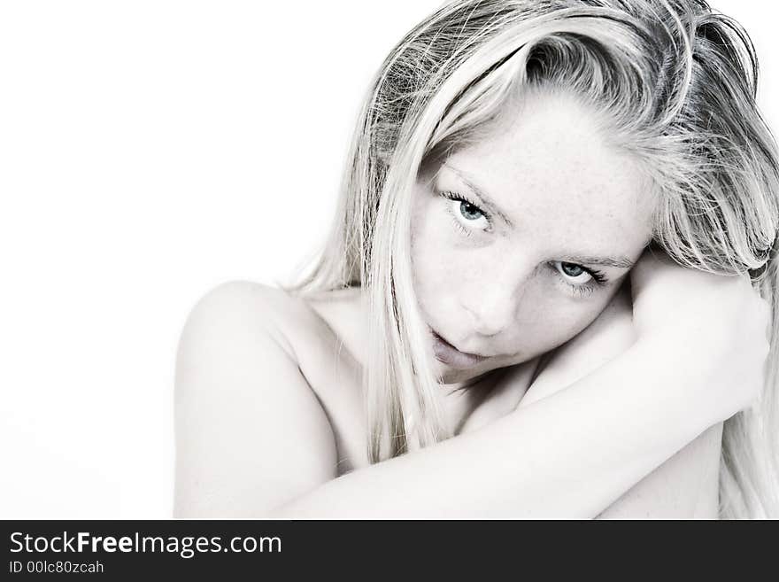 Blond woman in the studio on a white background doing the welness shoot. Blond woman in the studio on a white background doing the welness shoot