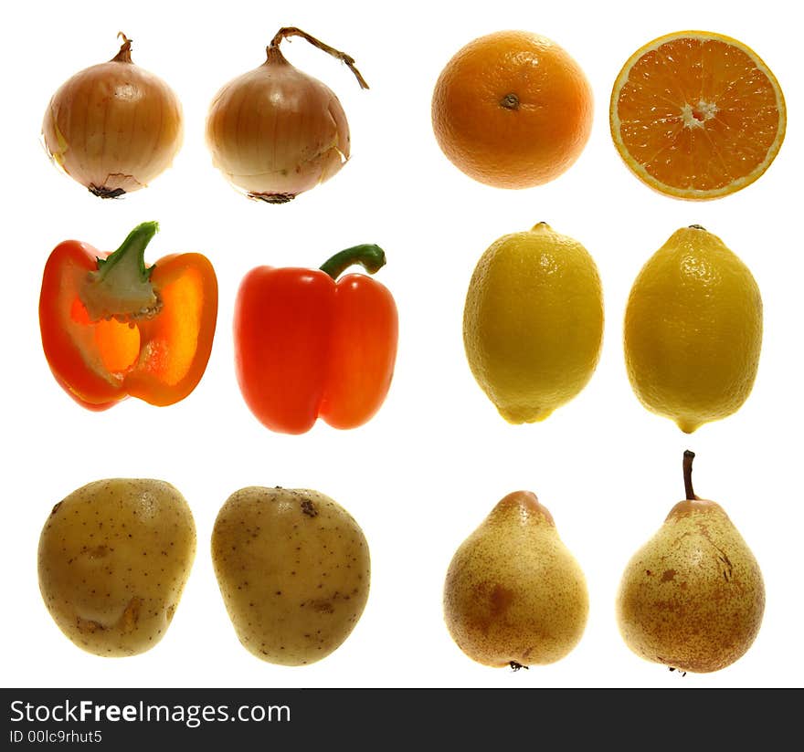 Two halves of - onion, orange, red pepper, lemon, potato and pear, Isolated on white. Two halves of - onion, orange, red pepper, lemon, potato and pear, Isolated on white.