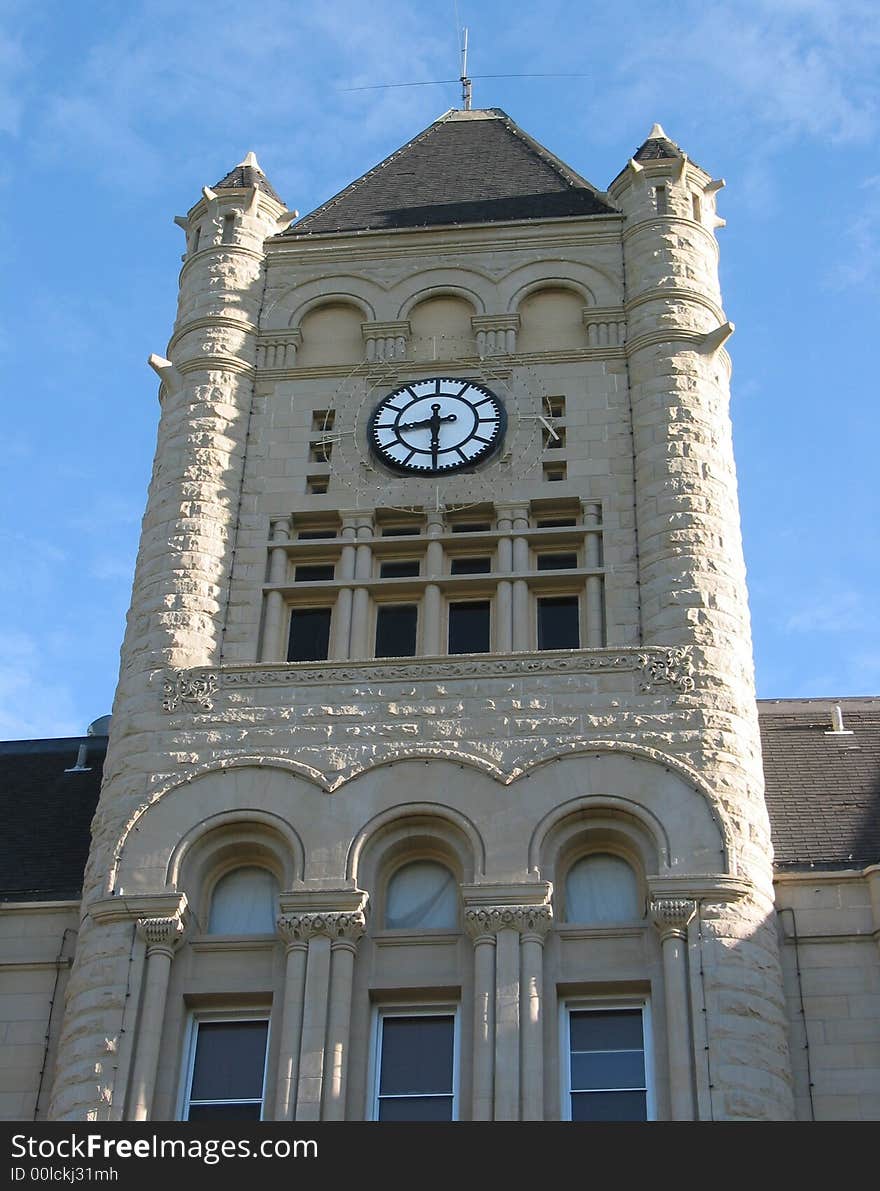 Clock tower of the Gage County, Nebraska, courthouse. Clock tower of the Gage County, Nebraska, courthouse.