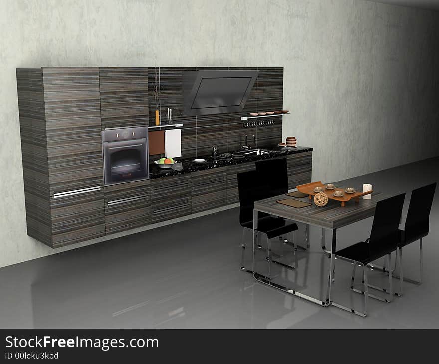 The modern kitchen interior design (3D rendering)