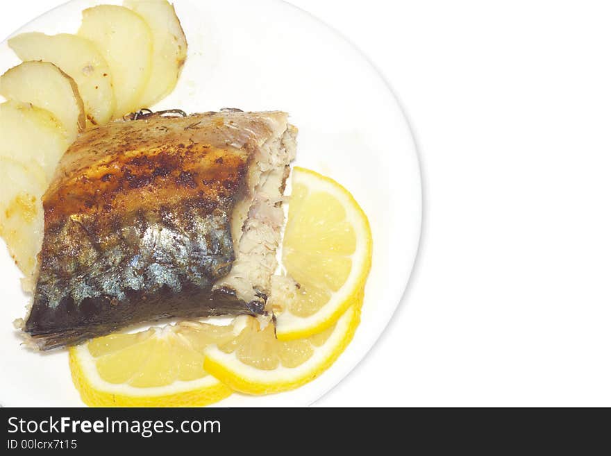 Baked fish isolated over white