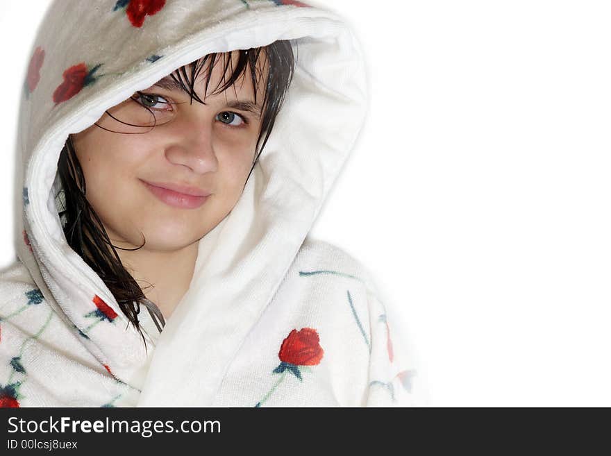 Pretty young girl in a bathrobe, isolated. Pretty young girl in a bathrobe, isolated