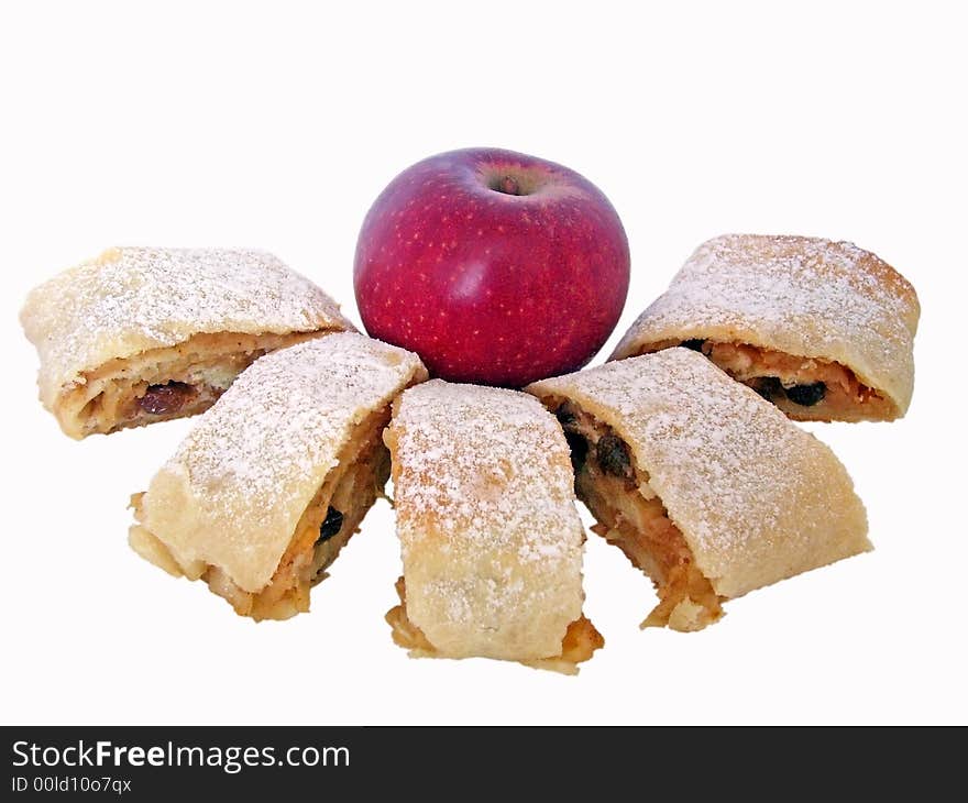 A strudel with apples, cinnamon, raisins and lemon.