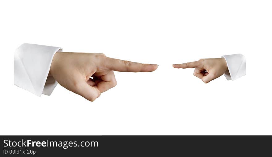 Big and small human hands pointing at each other. Big and small human hands pointing at each other