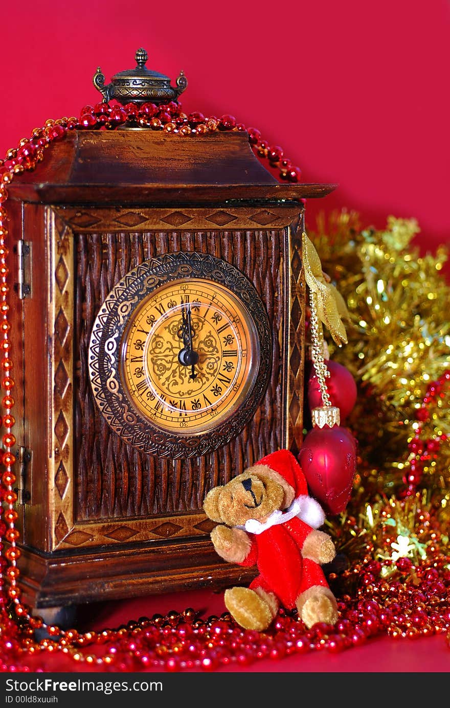 Old clock and christmas decorations. Old clock and christmas decorations.