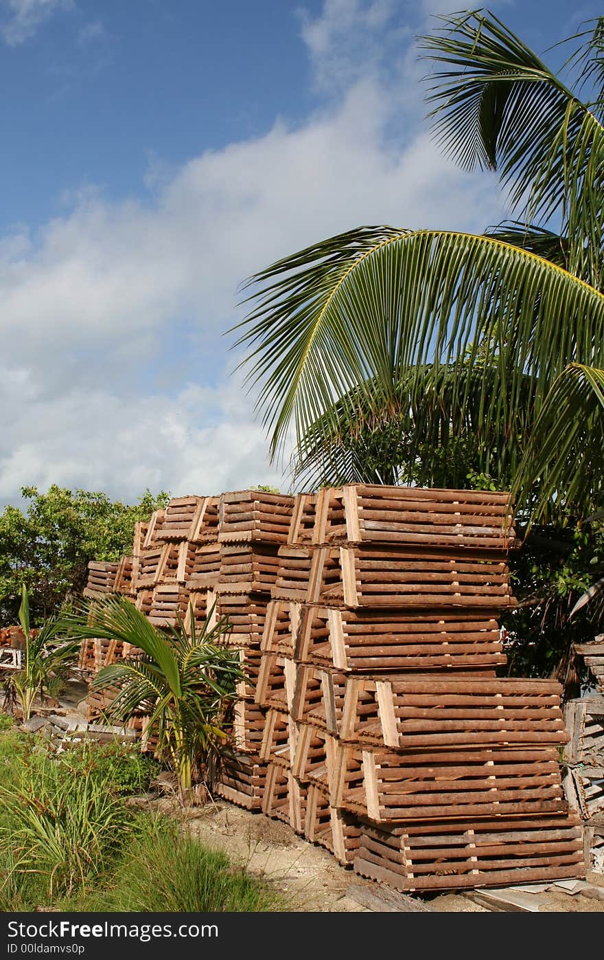 Crap traps lay idle on the shores of the Caribbean. Crap traps lay idle on the shores of the Caribbean