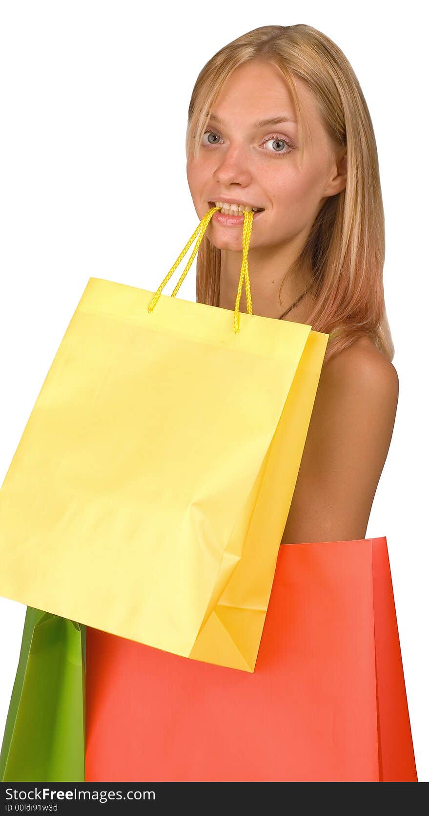 The shopping woman is dared. Isolated over white background