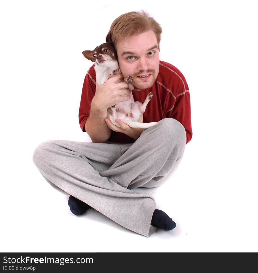 Man and his cute chihuahua on the white background. Man and his cute chihuahua on the white background