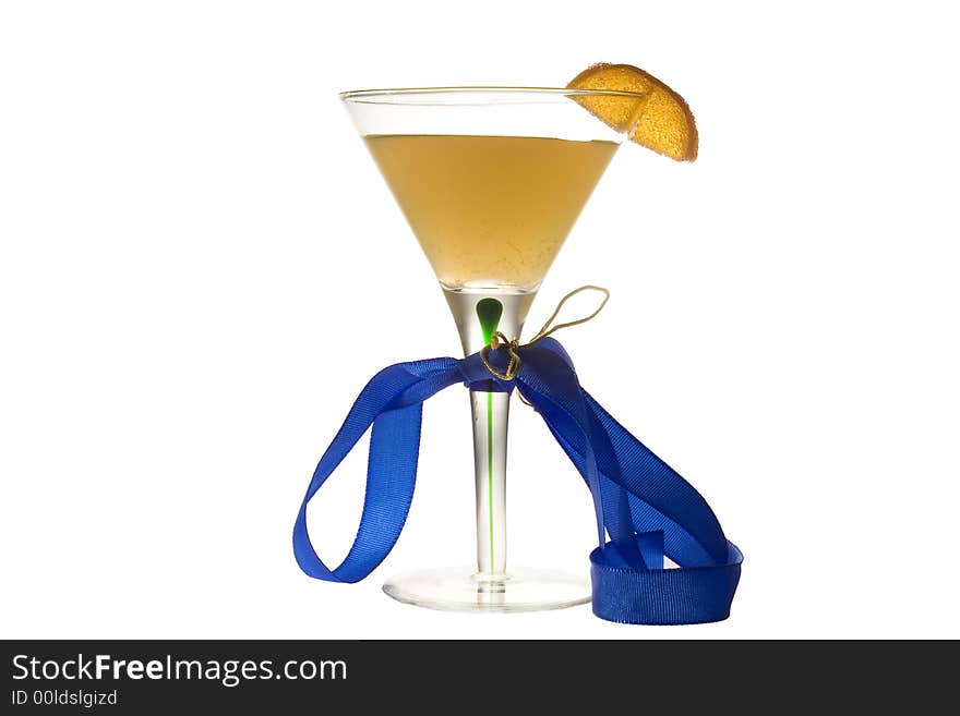 The glass of the cocktail which has been tied up with dark blue band on a white background