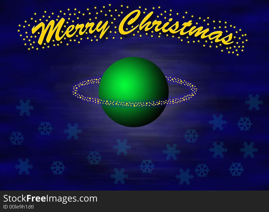 Christmas theme with a levitating green ball and little stars flying around. In the top the lettering merry christmas, some transparent snowflakes in the bottom