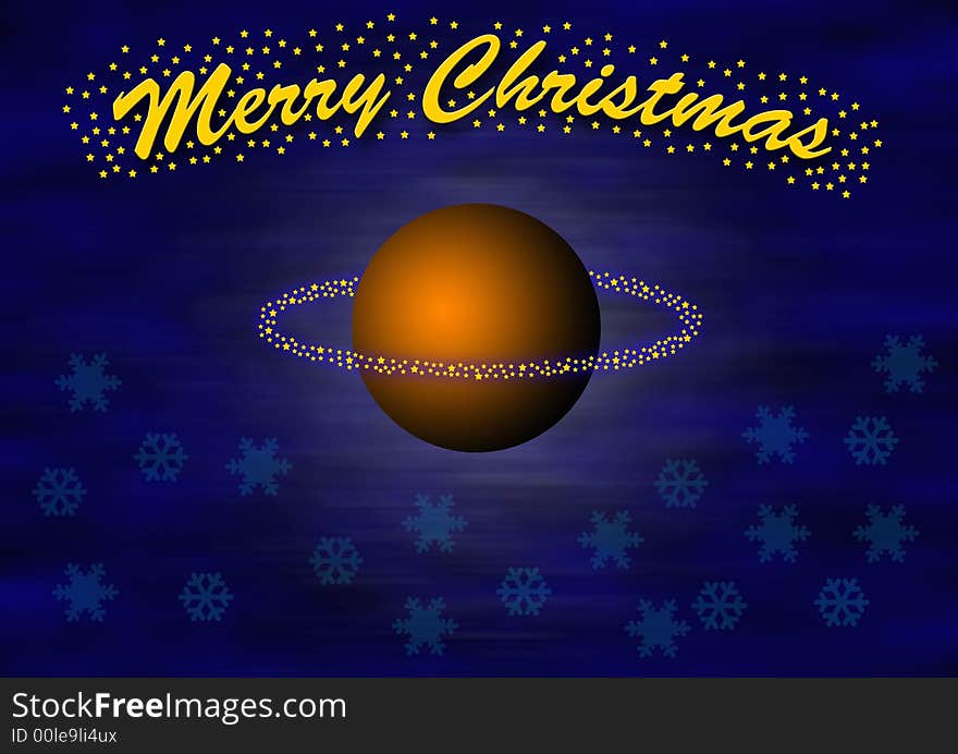 Christmas theme with a levitating orange ball and little stars flying around. In the top the lettering merry christmas, some transparent snowflakes in the bottom