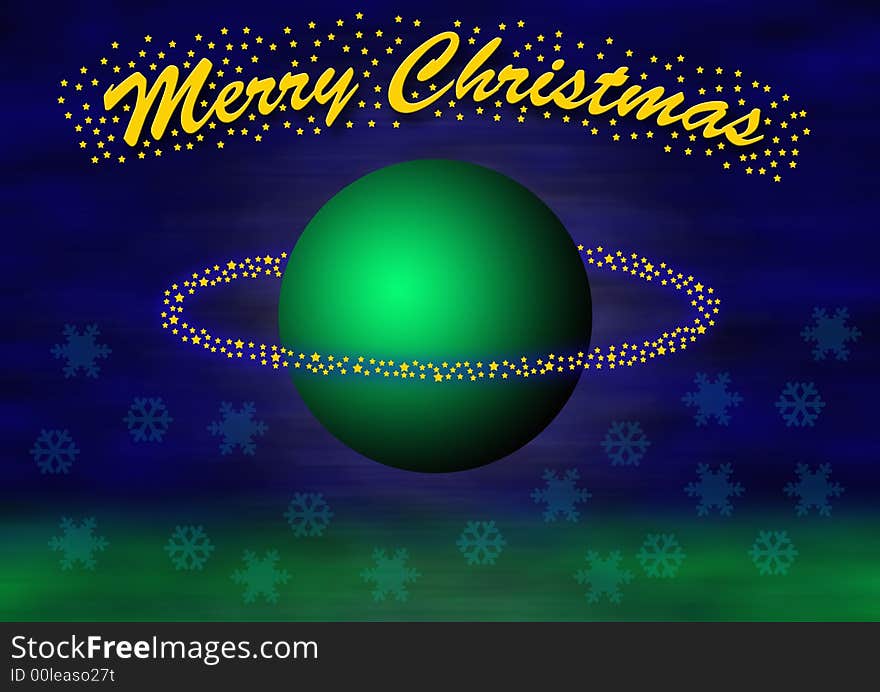 Christmas theme with a levitating big green ball and little stars flying around. In the top the lettering merry christmas, some transparent snowflakes and blurred green  in the bottom