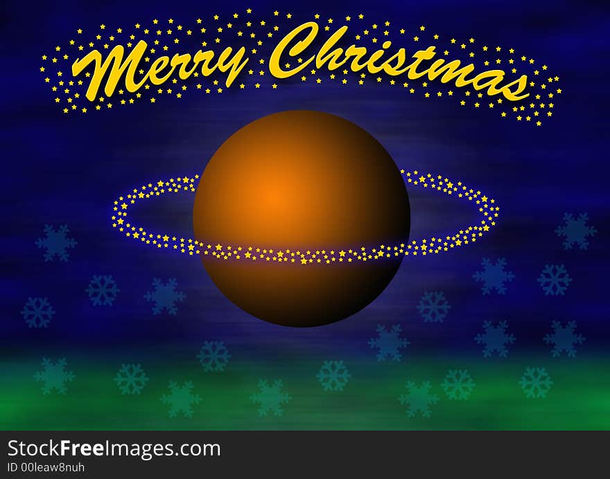 Christmas theme with a levitating big orange ball with little stars flying around. In the top the lettering merry christmas, some transparent snowflakes and blurred green  in the bottom