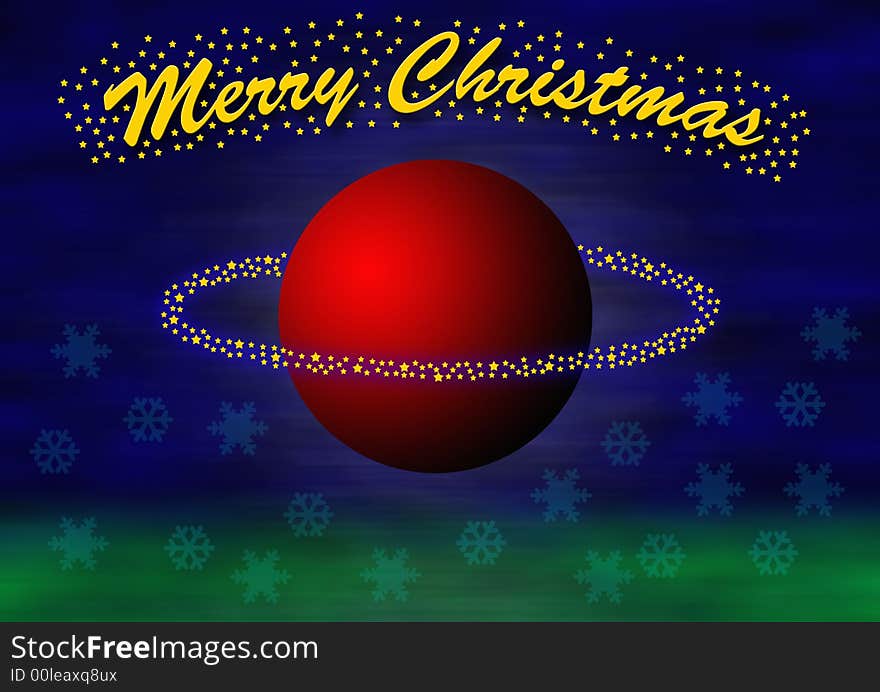 Christmas theme with a levitating big red ball with little stars flying around. In the top the lettering merry christmas, some transparent snowflakes and blurred green in the bottom