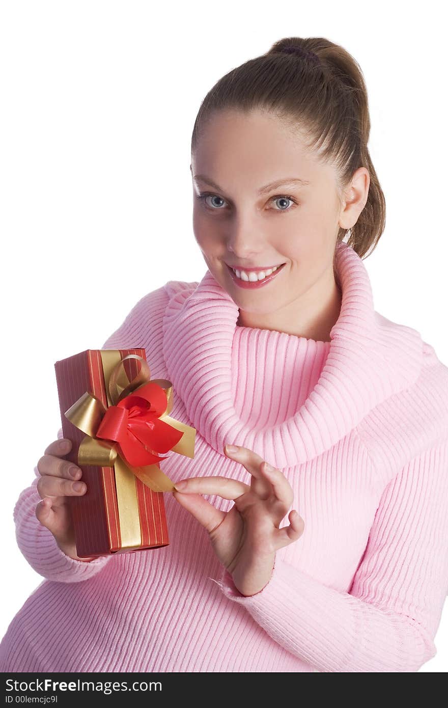 Beautiful young girl in pink holding red gift isolated on white background. Beautiful young girl in pink holding red gift isolated on white background