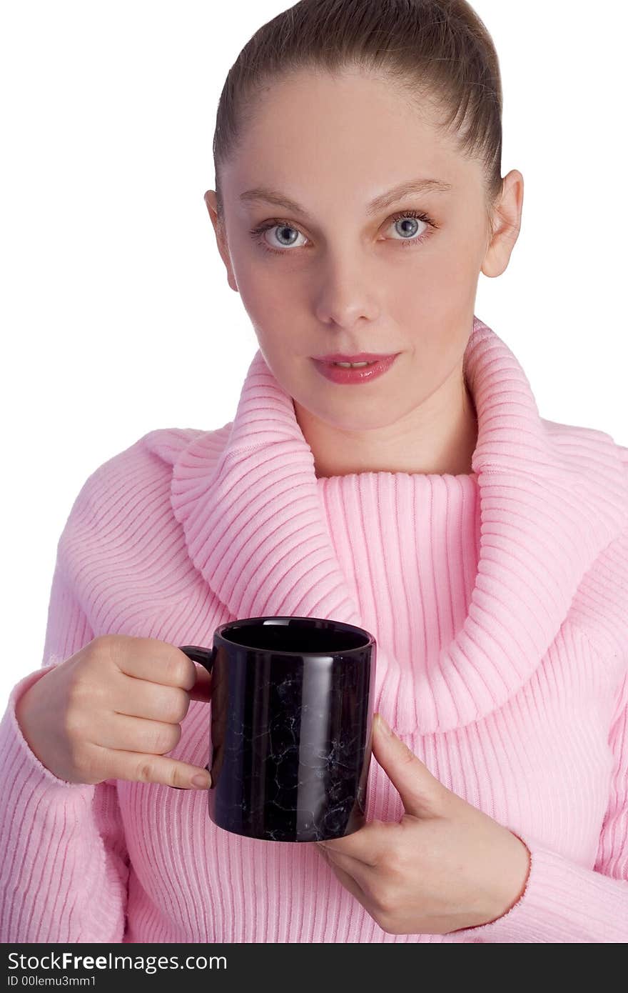 young girl holding cup on white background. young girl holding cup on white background