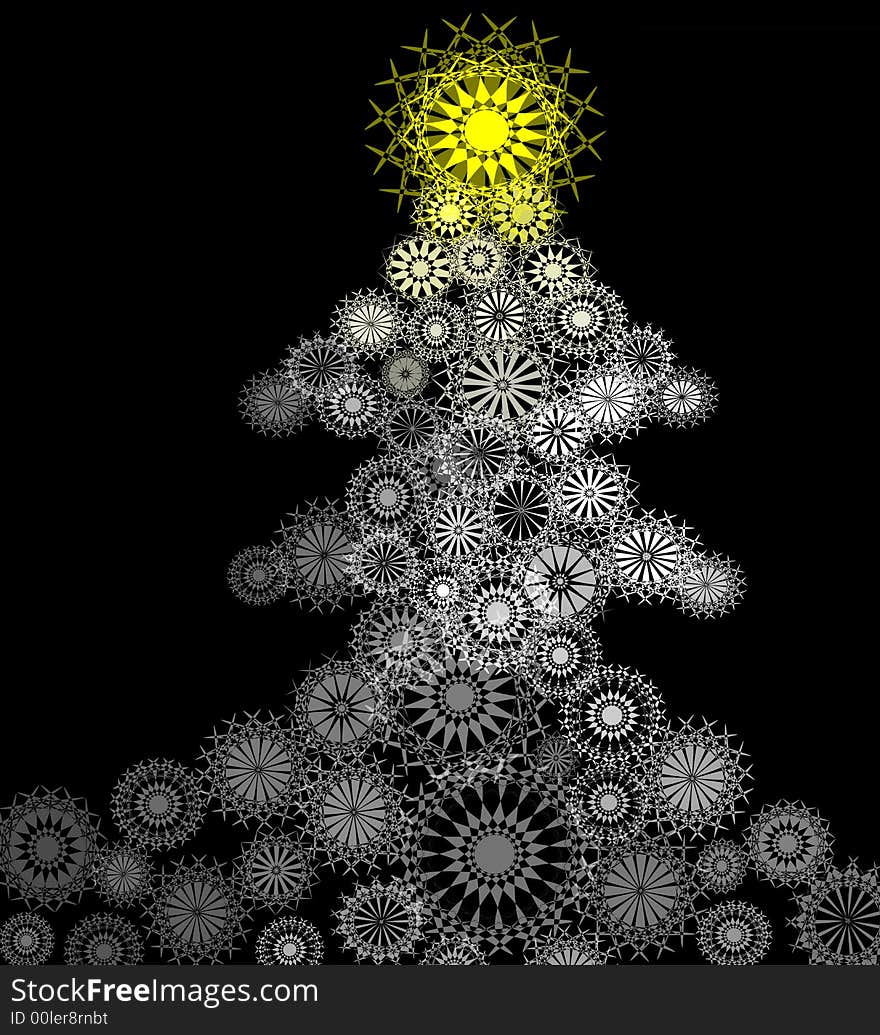 An abstract christmas tree of a lot of white snowflakes