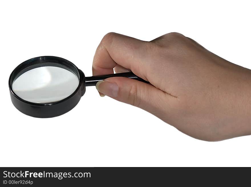 Woman hand holding magnifying isolated on white background