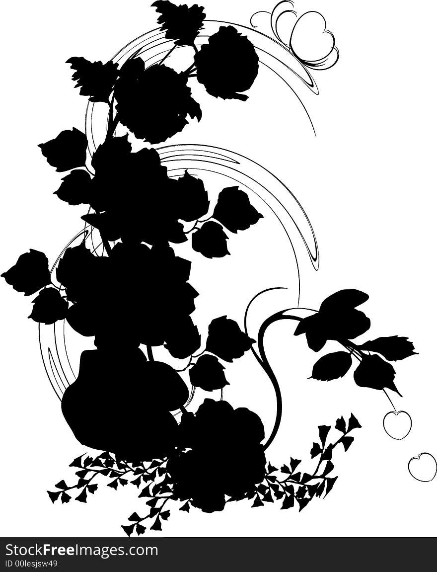 Illustration with black and white poppy and rose decoration. Illustration with black and white poppy and rose decoration