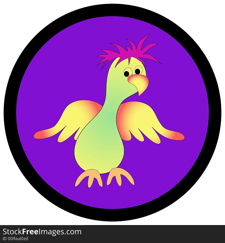 Colorful round bird graphic.