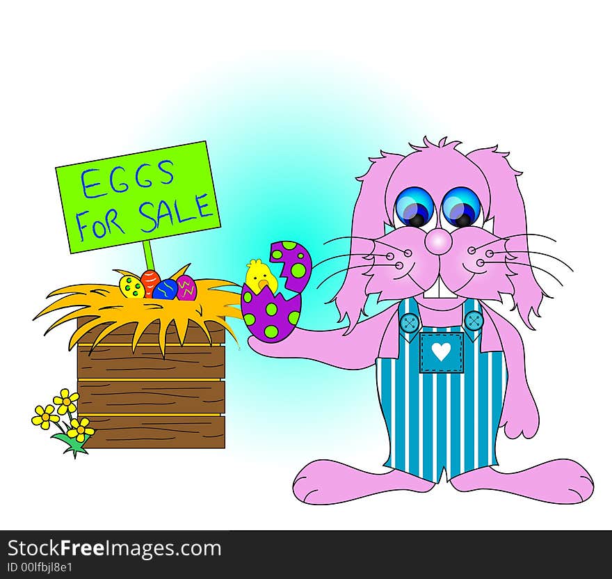 Easter Bunny with Easter eggs for sale in the background, illustration.