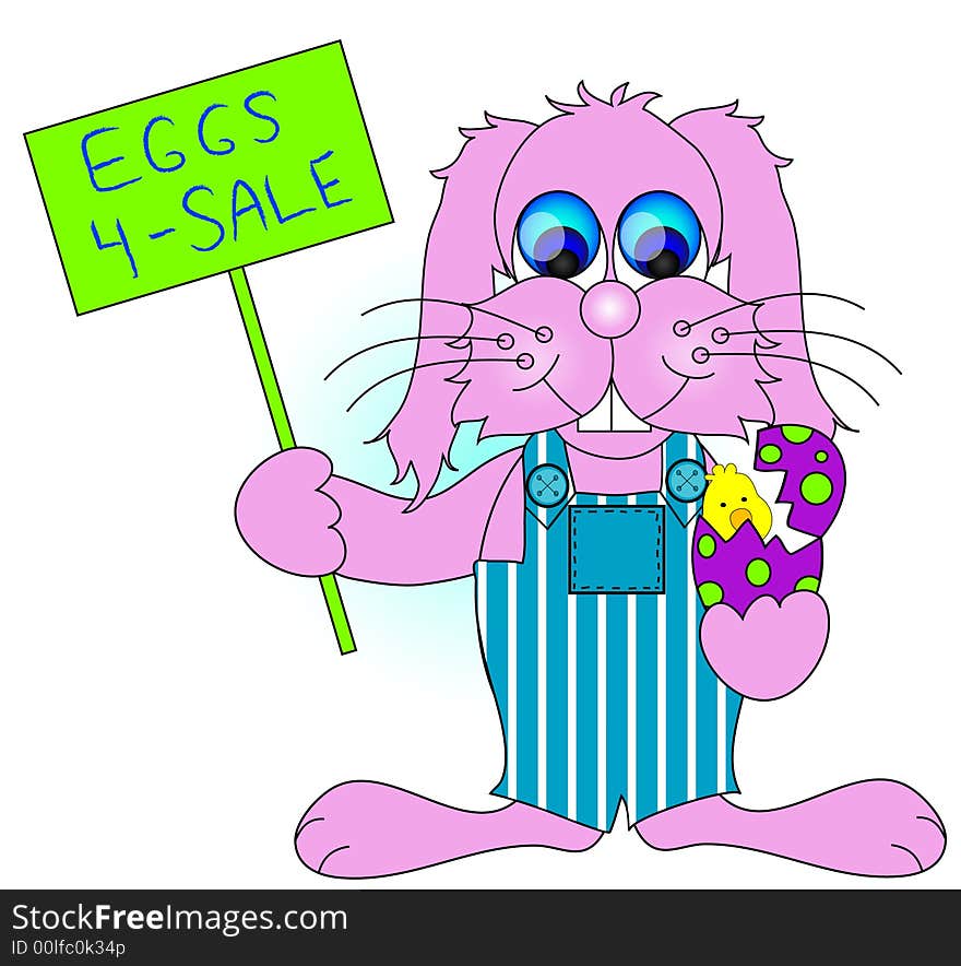 Easter Bunny holding eggs for sale sign, egg and chick. Easter Bunny holding eggs for sale sign, egg and chick.