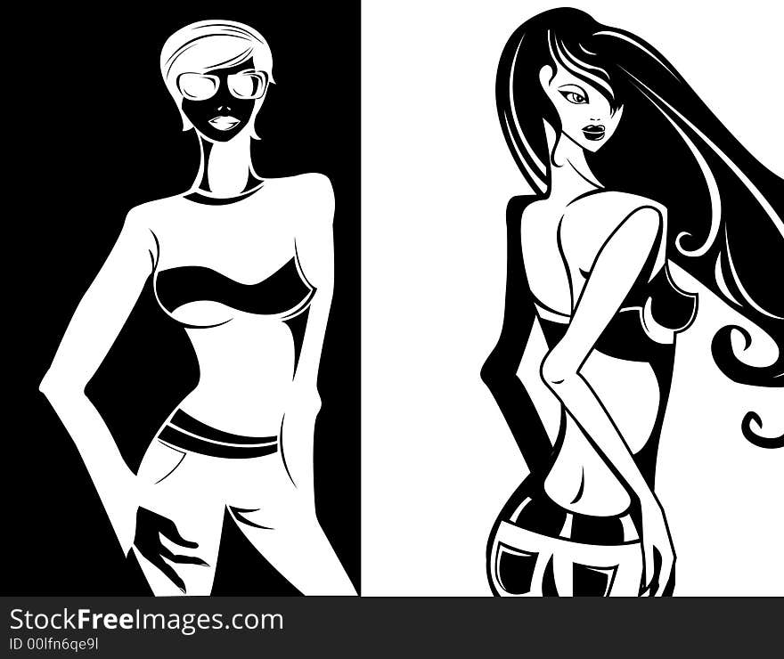 Illustration of 2 gorgeous fashion girls. Illustration of 2 gorgeous fashion girls