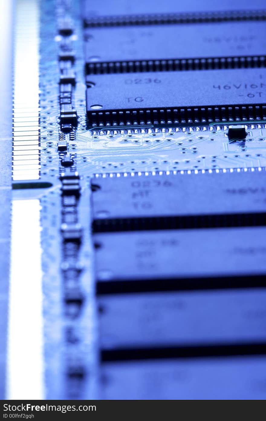 Close up of a computer RAM memory in blue color. Close up of a computer RAM memory in blue color.