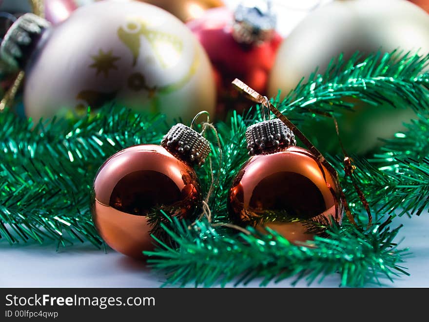 Christmas  decoration with pine tree and colorful balls.