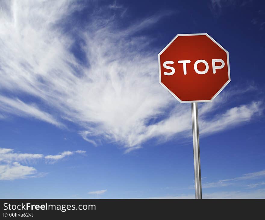 A red, traffic, STOP sign, made on a 3D rendering software. (with a sky background)