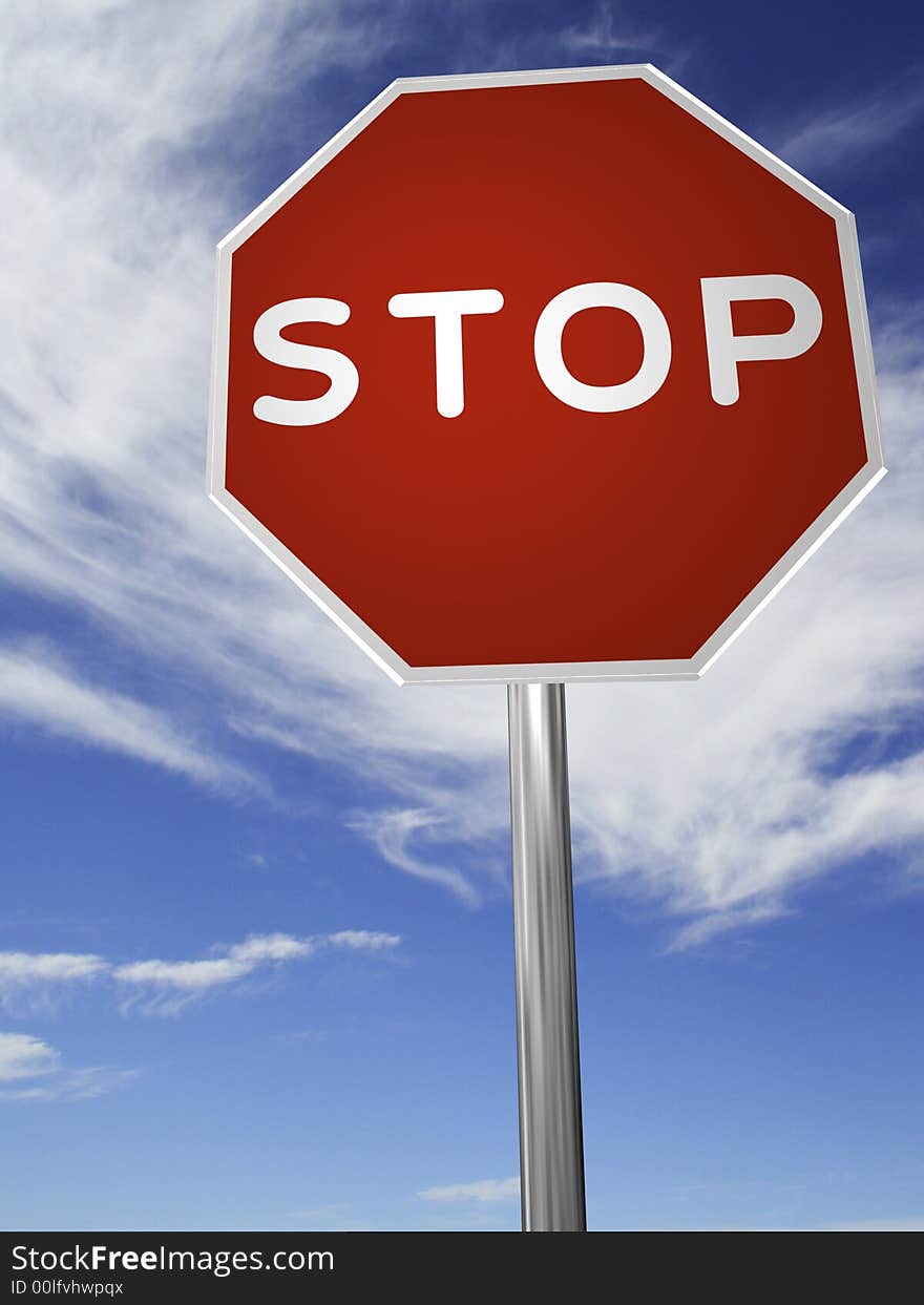 A red, traffic, STOP sign, made on a 3D rendering software.

(with a sky background)