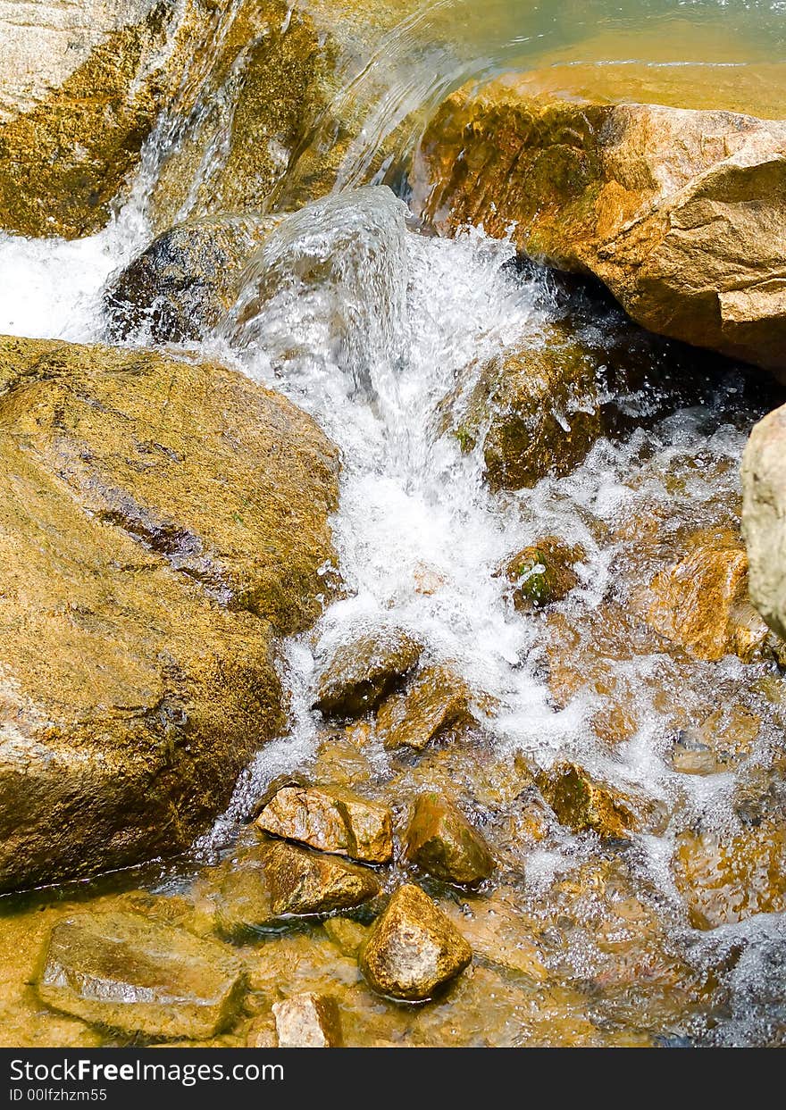 Detailed view of part of a waterfall, of the water flow and break up at the edge of a precipice. Detailed view of part of a waterfall, of the water flow and break up at the edge of a precipice.