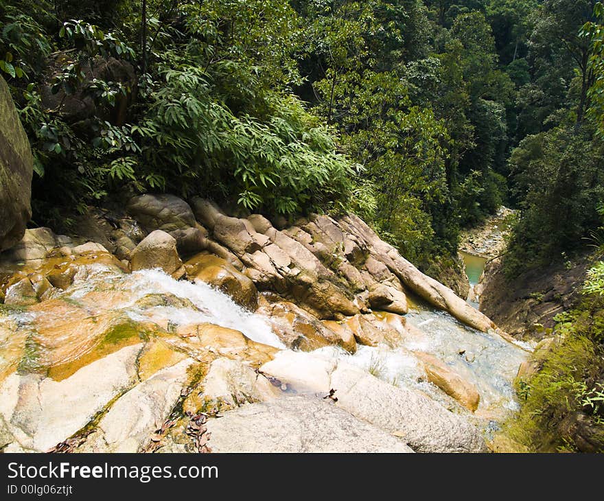 View from the top of a waterfall at the precipice. An emerald shallow pool can be seen at the bottom of the waterfall. View from the top of a waterfall at the precipice. An emerald shallow pool can be seen at the bottom of the waterfall