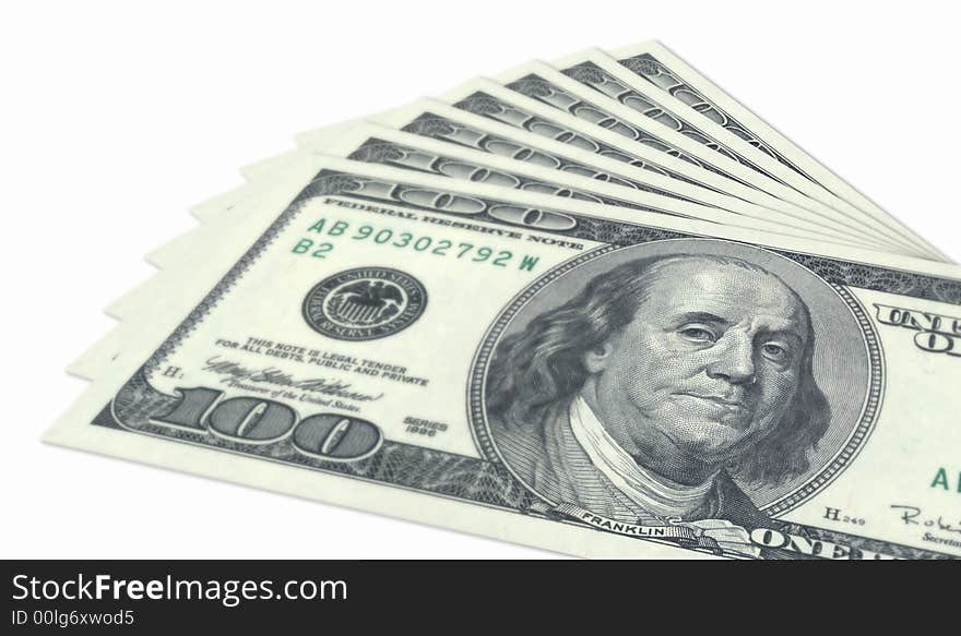 Bundle of hundred dollar banknotes on white background.