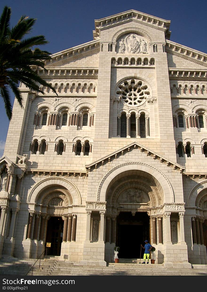 Facade of the imposing ancient cathedral of Monaco where was celebrated the marriage between Ranieri III di Monaco and Grace Kelly