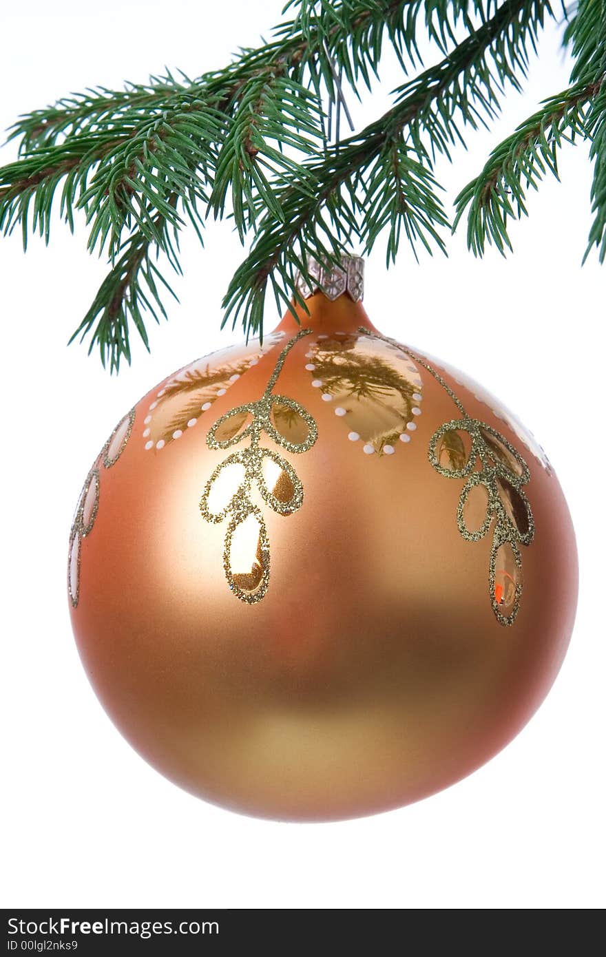 Christmas tree decoration and branch fir on white background