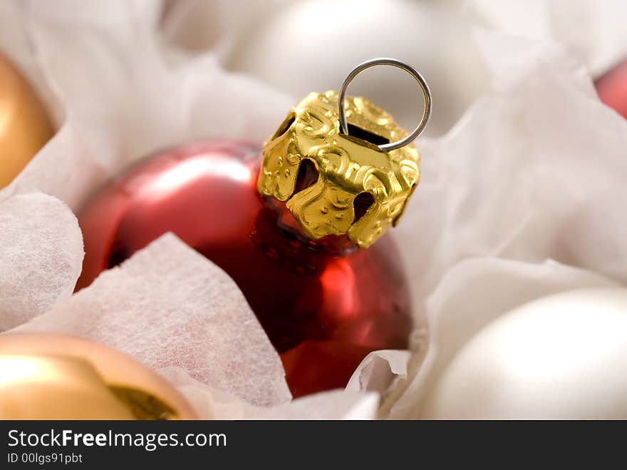 Close up of a red christmas balls in box. Close up of a red christmas balls in box