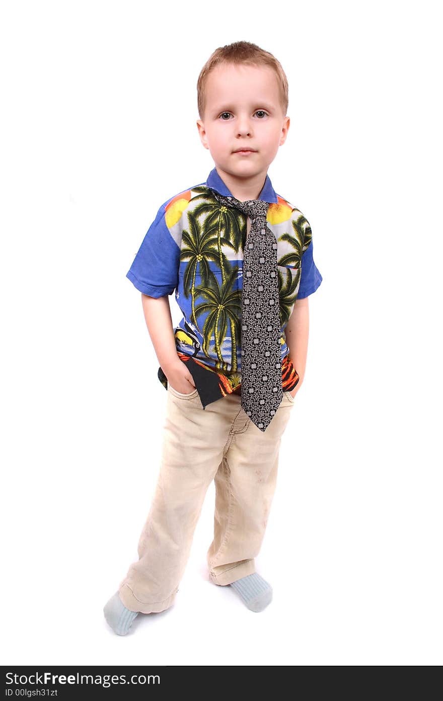 Young boy as manager on the white background