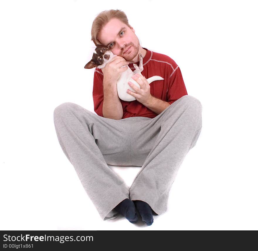 Man and his sweet chihuahua on the white background. Man and his sweet chihuahua on the white background