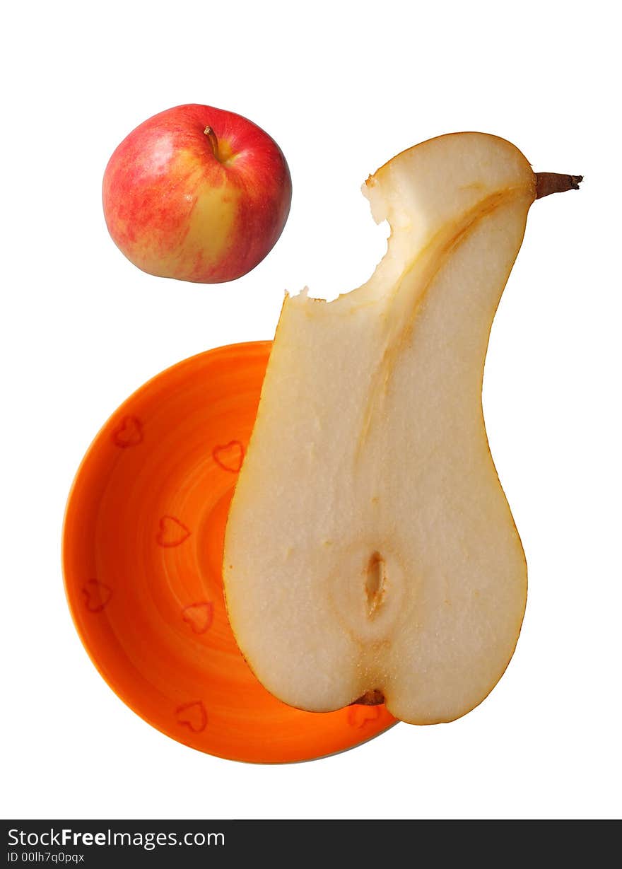 The hungry half of a pear is going to bite a smaller apple. The hungry half of a pear is going to bite a smaller apple.