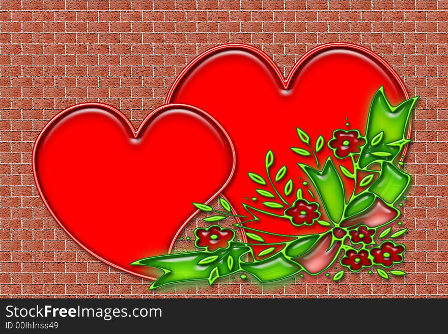 Two hearts with flower border on a brick wall. Two hearts with flower border on a brick wall