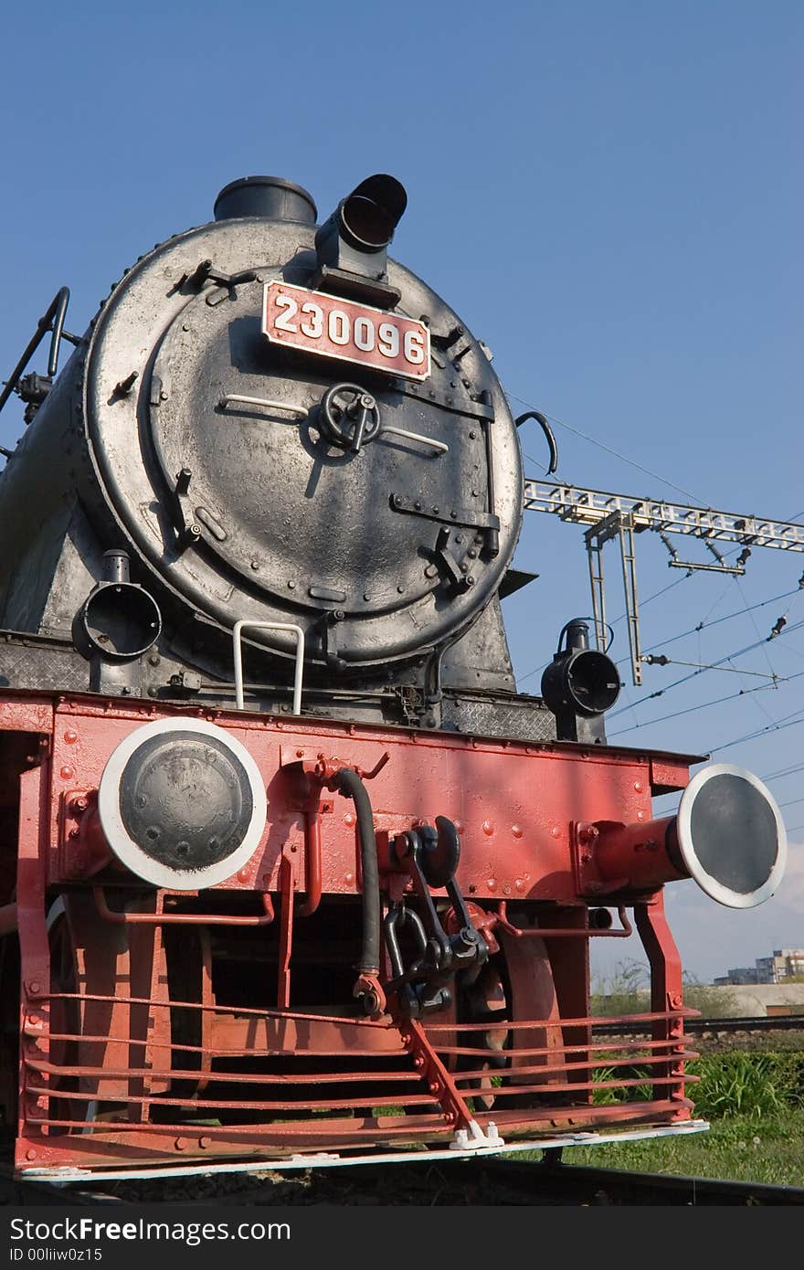 The front of a steam train. The front of a steam train