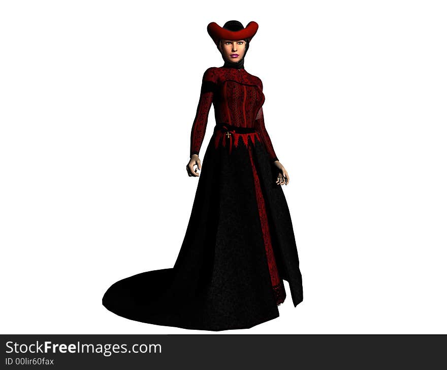 Beautiful lady in red and black gown with black over-skirt and headdress. Computer generated image, 3d model. Beautiful lady in red and black gown with black over-skirt and headdress. Computer generated image, 3d model.