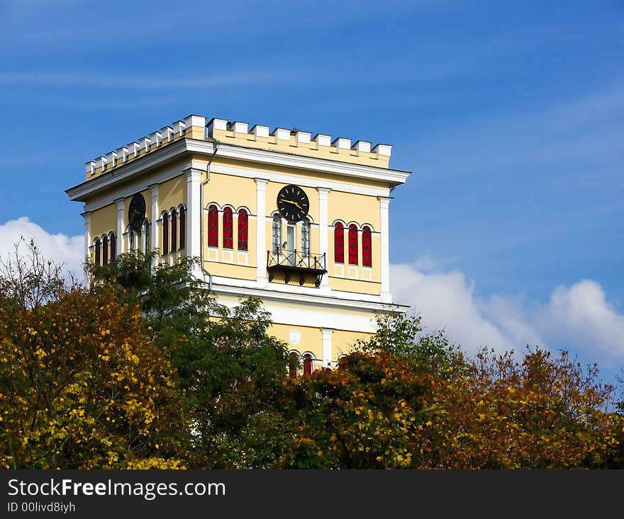 Old chapel on a background of the fine autumn sky.